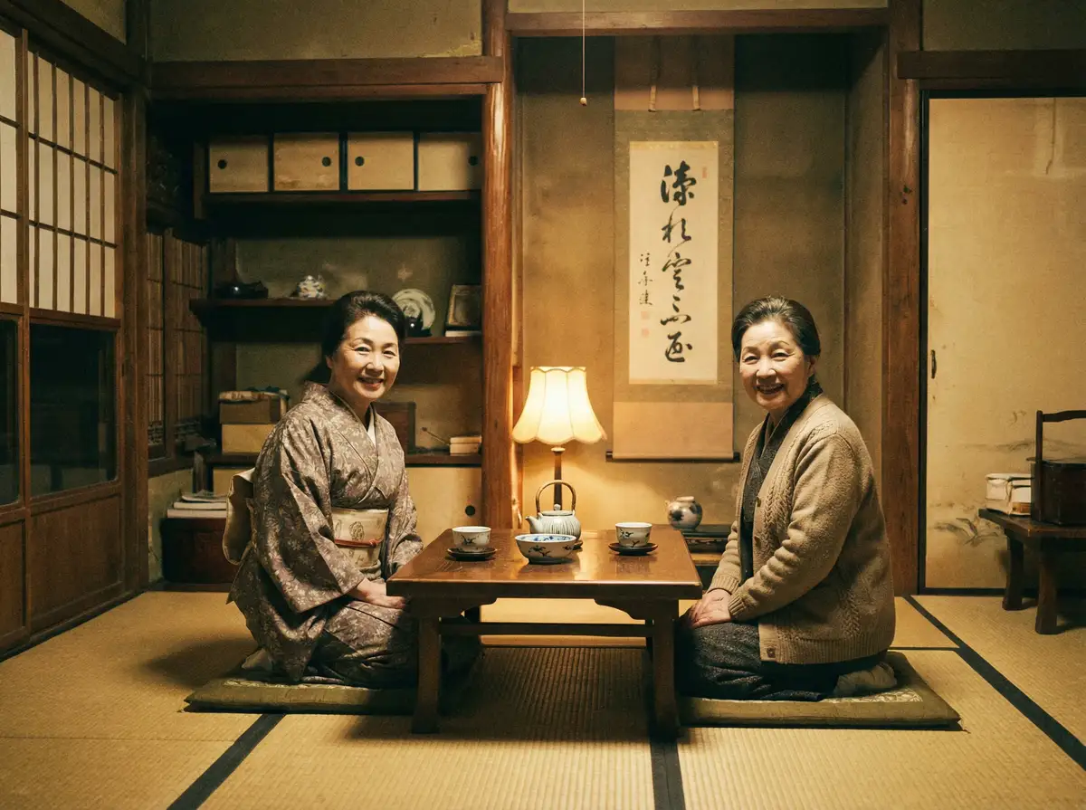 两位优雅的 9体育 在日式茶室中品茶交谈